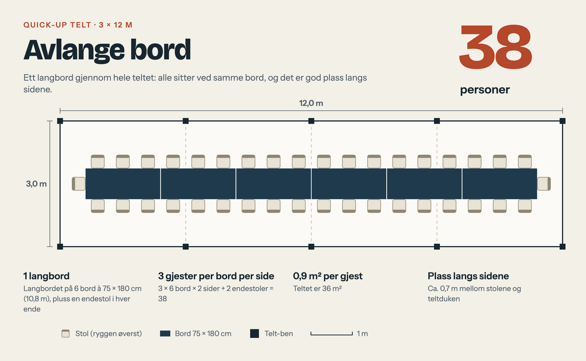 Plantegning av 3x12 m telt med avlange bord, 38 personer